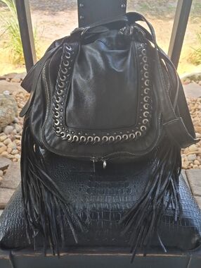 "GIORGIO BRATO" black Leather Fringed Versatile Bag